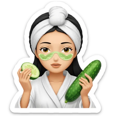 woman with black hair in bath robe with towel on head, cucumber slices covering closed eyes, facial mask on face sticker