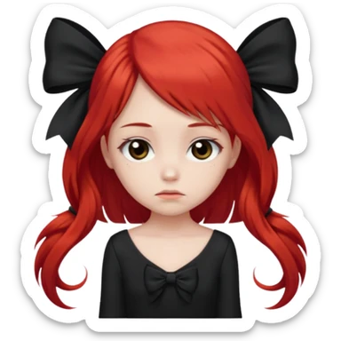 red long twin tail hair girl with black bow on her hair wearing black dress with a sad face sticker