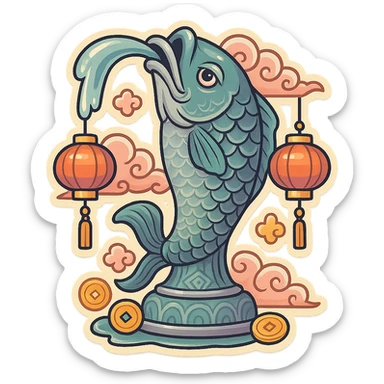 elongated vertical fountain shaped like a serious fish with a water stream flowing from its mouth, retro-stickers style, eastern decor with patterns, clouds, coins, lanterns, detailed drawing with shadows and highlights, thin clean contours, soft rounded shapes, pastel palette #98B5BC, #B5B3C1, #C9A3C9, #E4C0CA, #F7DCD1, #F7C0AA, modern Japanese pop art, soft lighting, transparent background sticker