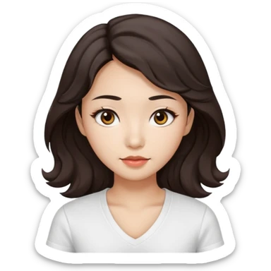 iOS style emoji. A girl with very long dark brown wavy hair. And the eyes color is dark brown. And she is wearing white t shirt with V kneck. And she is 30. She is Asian with double eyelids  sticker