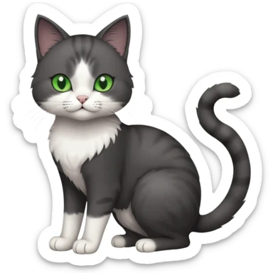 full body view of beautiful female solid dark grey cat with green eyes, white toes/paws and white patch on her chest sticker