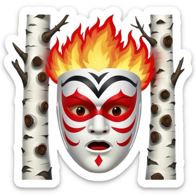 birch tree male mask in kokoshnik expressing anger, white, black and red palette, the texture has black marks, red fire at the top sticker