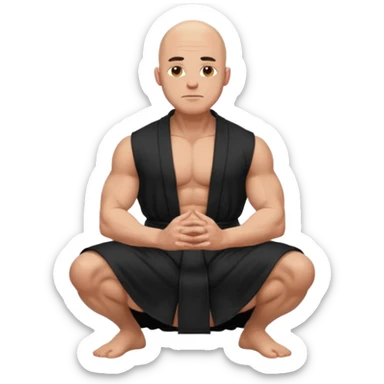 fullbody jacked bald guy, sleeveless and unbuttoned in black robe sitting hands on knees sticker