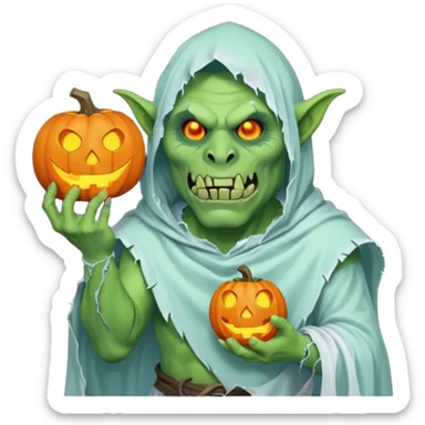 male orc ghost emoji, green skin, tusks, wearing torn white ghost sheet costume, holding glowing jack-o'-lantern, faint blue aura, friendly but spooky expression, Halloween fantasy theme, Apple emoji style, clean white background, square sticker