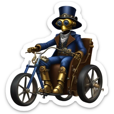 Old west Bounty hunter C-3PO wearing a pair of navy-blue rimmed steampunk goggles, hat, leather chaps, fringe jacket riding a relaxed 3 wheeler trike steampunk rat rod motorcycle in desert town  sticker