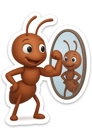 EMOJI STILE IPHONE 3D DI una formica che si guarda allo specchio felice e sicura di sè mentre contrae il suo bicipite muscoloso, fagli anche la parte bianca degli OCCHI, non solo la pupilla sticker