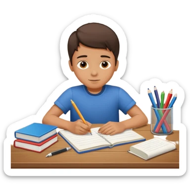 un niño escribiendo en un cuaderno en una mesa con muchas hojas y cuadernos al lado. sticker