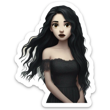 Dramatic girl  very pale with dark lighting  with black hair  in river with very very long lace dress  black long hair flying in the wind sad face  white eyes sticker