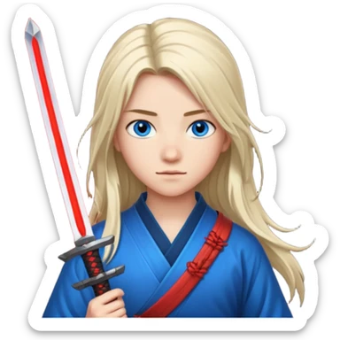 A 14 year old with red glowing katana and his hair be long and eye colour of blue with beautiful background sticker