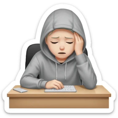 A person wearing a hoodie experiencing burnout, exhausted and overwhelmed, tired eyes, slumped posture, sitting at a desk, iOS emoji style sticker