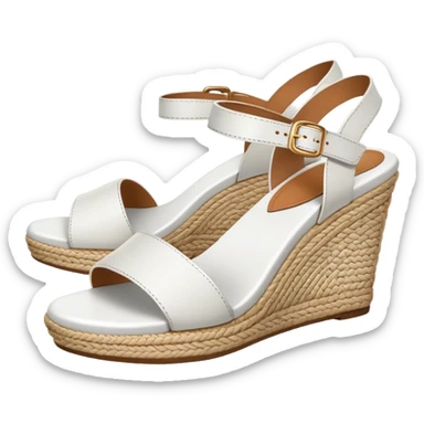 A pair of White wedge sandals with woven heel sticker