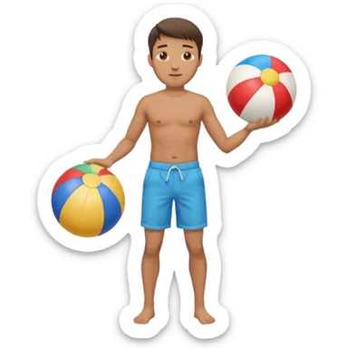 A man in Bermuda shorts as a full-body swimsuit and a beach ball sticker