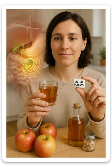 A detailed, realistic illustration or photo-style image showing a person holding a small glass of apple cider vinegar in one hand and a capsule labeled ‘Acido Malico’ in the other. In the foreground or as an overlay, a semi-transparent anatomical view of the abdomen highlights the gallbladder with visible small gallstones inside. Around the gallstones, gentle glowing waves or soft dissolving effects symbolize the softening or breakdown of the stones due to the natural acids. The person looks hopeful and calm, in a bright kitchen setting with fresh apples and natural health products on the counter. The overall mood is informative, natural, and hopeful about non-invasive, natural support for gallstone health sticker