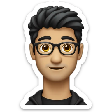 North Indian long faced white skinned male with glasses and black hair combed in front a bit and a small stub a little moustache showing up like zayn wearing a black tshirt black overcoat sticker