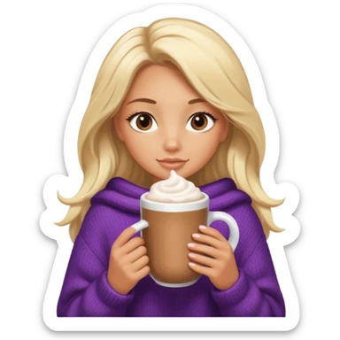 Tanned Girl with lashes , blonde hair, in an extremely big fluffy oversized and hold hot chocolate drink sticker