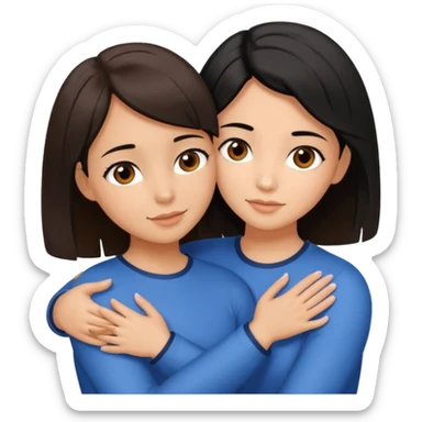a brown-eyed brunette hugs a brown-eyed girl with a bob and black hair, and the strands are blue sticker