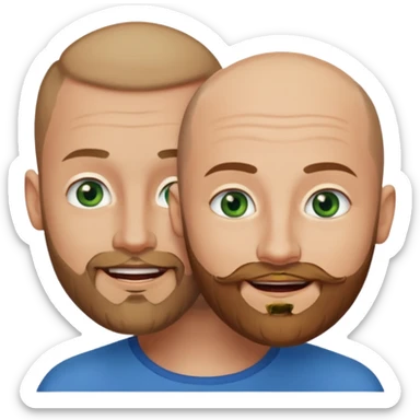 Shaved head man with dark blonde beard and blue eyes with mouth closed smile with brown haired woman with green eyes sticker