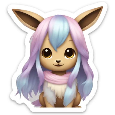 Kawaii Shiny Pastel Eevee with dark brown long emo hair covering her eyes Full Body sticker