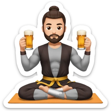 slavic muscled guy with dark brown hair and beard, sitting in yoga pose on a mat, kung fu clothes, long and volume dark hair, holding beer mugs in two hands, sitting sticker