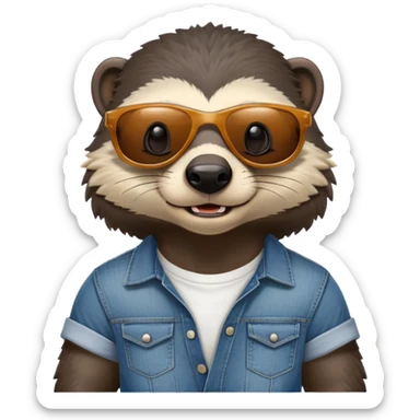 friendly anthropomorphised honey badger in jeans and a t-shirt, wearing sunglasses, head and shoulders view, looking to the side sticker