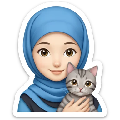 Asian white girl wearing cute blue hijab holding a black grey tabby cat while smiling sticker