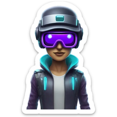 Secret human agent in a futuristic hat with in Apple VR goggles headset code display on the goggles , cyberpunk, cyan and purple colors, only upper body portrait, front facing the camera  sticker