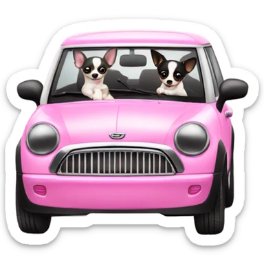 Black and white Chihuahua driving pink mini cooper sticker