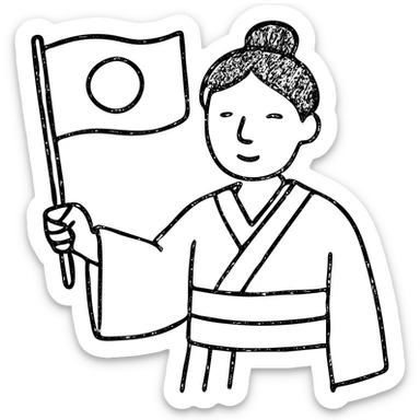person in a traditional kimono holding the Japanese flag, hand drawn outlined icon sticker