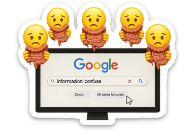 SCHERMO DI PC CON LA SCRITTA "informazioni confuse" SULLA BARRA DI RICERCA GOOGLE SULLO SCHERMO E IL CLICK DEL MOUSE SULLA SCRITTA CERCA, stile emoji iphone fluttuano in aria stringendo in mano un pezzo di colon intestinale, iperrealistico 4k sticker