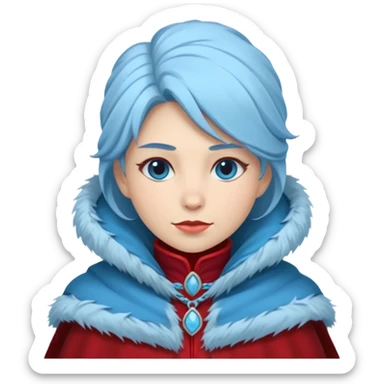 Fantasy human emoji portrait, simple winter mantle with icy blue fur trim and crimson inner fabric, northern winter aesthetic, calm heroic expression, clean flat emoji design, female variant
 sticker