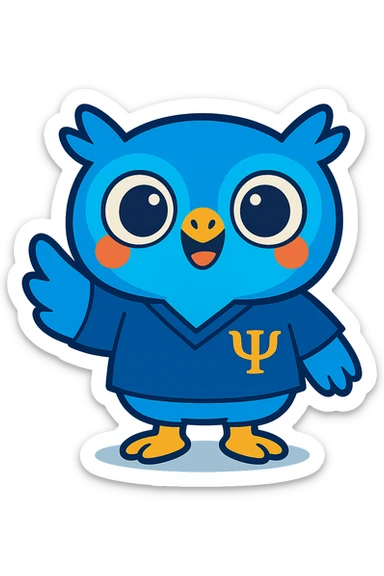 Make the baby owl wearing a bluish psychology scrub look more commercial and attractive to attract clients: add a big smile, bright and expressive eyes, friendly posture, and welcoming gesture, in a vibrant and modern style, transparent background. sticker