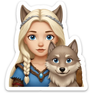 Viking platinum blonde girl with long hair and blue eyes. Wolf petViking platinum blonde girl with long hair and blue eyes. Wolf pet sticker