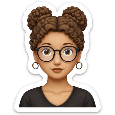 un chica con pelo rizado el peinadpo: un recogido osea todo el pelo recogido menos dos mechones alante que le llega hasta el cuello. luego pil un poco morena ojos marrones y tiene gafas negras y son exagonales pero un poco redondeadas.  sticker