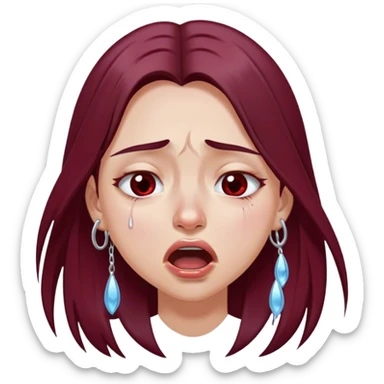 emoji of girl crying hysterically with tears dripping down eyes with mouth closed with maroon dark long hair in a middle part with straight nose hazel eyes medium perfect eye brows with  a nose ring silver on the right nostril  sticker