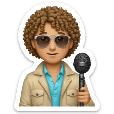 curly haired man with summer clothes and sun glasses holding microphone sticker