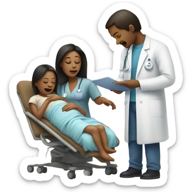 a woman gives birth and doctors stand nearby sticker