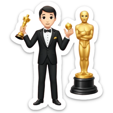 an actor standing on a red carpet with a formal tuxedo, with an oscar in his hand sticker