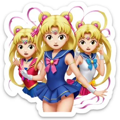 Icon for Anime: vibrant, dynamic scene with characters of Bishoujo Senshi Sailor Moon in action, featuring exaggerated expressions and colorful backgrounds. The design should reflect the distinct, energetic style of anime, with iconic eyes and unique visual elements. Transparent background. sticker