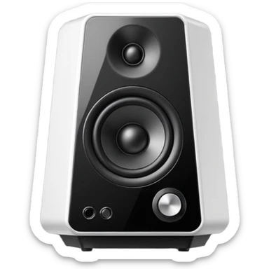Single black desktop speaker with glossy front, one large white cone with black center, small volume knob, clean white background, studio product photo. sticker