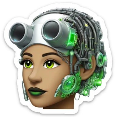 Neon green bobbed hair Latina female cyborg head with silver steampunk goggles and circuits sticker