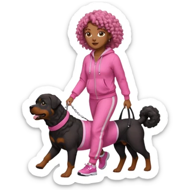 African american curly haired woman in all pink tracksuit walking big Rottweiler dog sticker