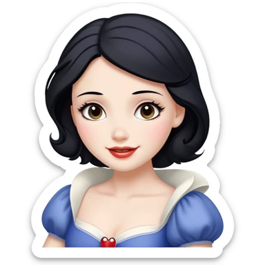 Cinematic Radiant Snow White Portrait Emoji, rendered in a realistic, vector style with clean proportions. Show Snow White with a soft, welcoming smile, delicate porcelain skin, and neatly arranged raven hair, wearing her timeless dress. The image radiates a warm, inviting glow, high shine, and is enhanced by a soft glowing outline that accentuates her gentle beauty. sticker