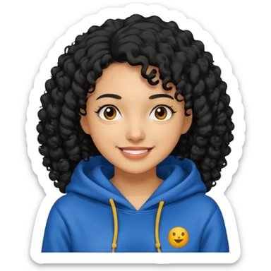 A women with a black curly hair who wear a hoodie and that hoodie have a some smorf sticker