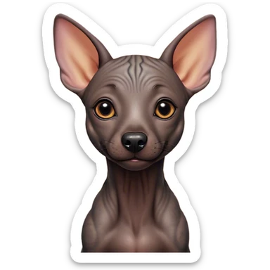 Cinematic Cute Xoloitzcuintle Portrait Emoji, Head tilted playfully and inquisitively, featuring smooth, hairless ebony skin with distinctive, artistic wrinkles, round, sparkling dark eyes filled with curiosity, Simplified yet irresistibly adorable features, highly detailed, glowing with a warm, friendly glow, high shine, affectionate and spirited, stylized with a touch of whimsy, bright and endearing, soft glowing outline, capturing the essence of a mischievous yet loving companion, so playful it feels like it could trot out of the screen and into your arms! sticker