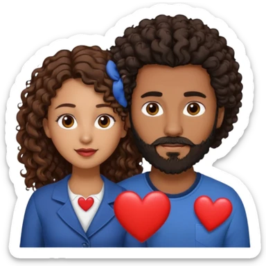 pareja de Mujer morena rizada cabello largo castaño ojos oscuros y hombre blanco con cabello negro corto con barba y ojos marron alrededor de la pareja corazones sticker