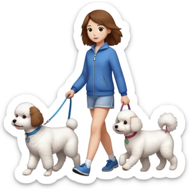 Brown-haired girl walks a Bichon Frise dog sticker