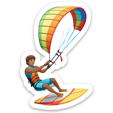 A professional kite surfer riding the waves, holding the kite in front of them as the wind fills the sail, propelling them across the water. The backdrop features a stunning landscape with a vibrant sky, crashing waves, and a sense of motion and adventure. sticker