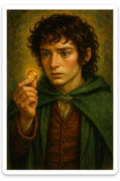Frodo Baggins, a hobbit with curly hair, wearing a green cloak and holding the One Ring, fantasy illustration style sticker