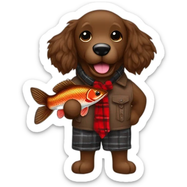 Chocolate brown colored doodle with a red and black flannel hankerchief holding a plush trout fish chew toy sticker
