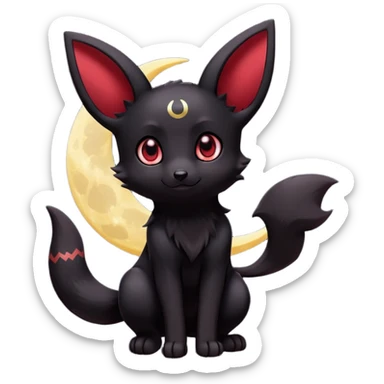 Kawaii Umbreon dark type Pokémon, full body, crescent moon behind subject, crimson colored eyes sticker